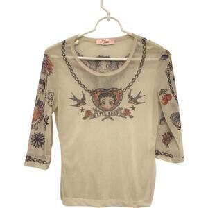 Fine Sheer Blouse Womens XS Beige Betty Boop Live Fast Tattoo Top 3/4 Sleeve